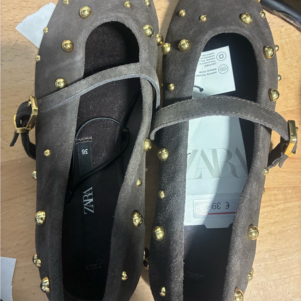 ZARA Brown Suede Mary Jane Flats with Gold Studs